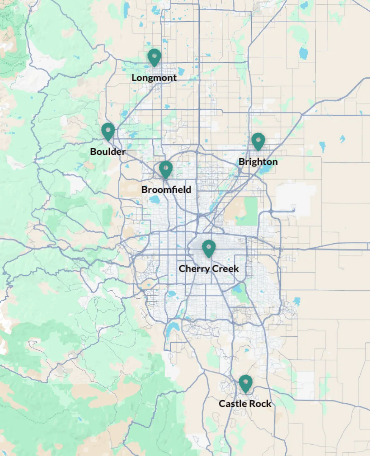 Map of Restorative Dentistry Group's six Colorado locations: Longmont, Boulder, Brighton, Broomfield, Cherry Creek, and Castle Rock